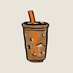 a drawing of a drink with an orange straw sticking out of it's top