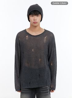 Product Detail Style : Street, Subversive, Grunge Type : Men Detail : Destroyed, See-through Material : Polyester, Knit Sleeve : Long sleeve Neck : Round neck Polyester100 Color : Black, Dark beige, Dark gray Made in Korea Model Size Model is wearing size M/L and the color Black. Height : 5'9" | 176cm / Top : M / Bottom : L (30 inch) .prddescription table, .prddescription td, .prddescription th { border : 1px solid black; border-collapse : collapse; padding: 10px; } Size(Inch) Size Shoulder Bust Distressed Knit Sweater, Mesh Sweater Men, Distressed Black Sweater For Streetwear, Ripped Sweater Grunge, Grunge Distressed Sweater, Festival Trends, Knit Sleeve, Low Rise Jeans, Mens Fashion Streetwear