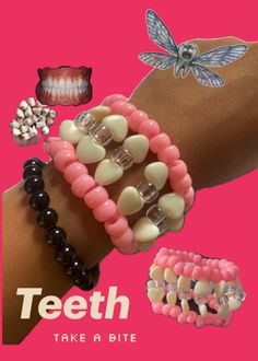 two bracelets that have different types of beads on them and the words teeth make a bite