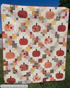 an apple quilt on the grass with trees in the background