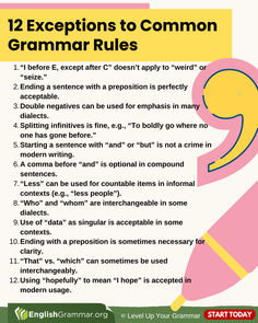 a poster with the words 12 exceptions to common grammar rules