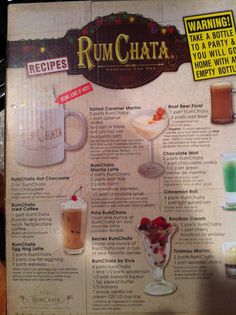 the menu for rumchata is shown with drinks