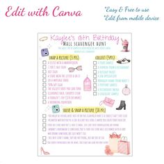 the edit with canada printable birthday party checklist is shown in pink and blue