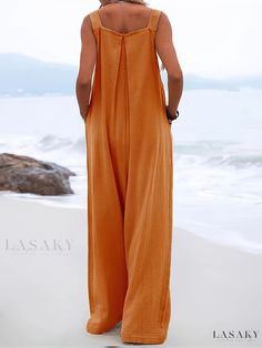 Lasaky - Chic Wide Leg Jumpsuit: Sleeveless, Casual and Comfortable Attire for Women Summer Orange Sleeveless Jumpsuits And Rompers, Sleeveless Orange Jumpsuits For Summer, Beach Sleeveless Solid Color Jumpsuits And Rompers, Sleeveless Orange Jumpsuits And Rompers For Vacation, Sleeveless Beach Jumpsuits And Rompers, Wide Leg Jumpsuit, Polyester Material, Types Of Printing, Wide Leg