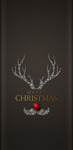 merry christmas card with reindeer antlers and red ornament on black back ground