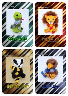 four crocheted stuffed animals in different colors and sizes are shown with the same name on them