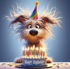 a dog is sitting in front of a birthday cake with candles on it and the words happy birthday written below