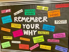 a bulletin board with writing on it that reads, remember your why and positiveness