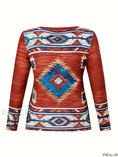 Peilia - Colorblock Southwestern Printed Long-Sleeved Round Neck T-Shirt for Women with Plus-Size and Medium Stretch Boho Tees, Southwestern Print, Western Look, T Shirt For Women, Printed Sleeves, Aztec Print, Printed Sweatshirts, Second Hand Clothes, Vest Jacket