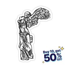 an angel sticker with the words buy 10 get 50 % off on it, in black and white