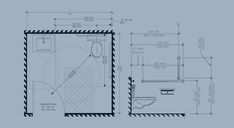 a blueprint drawing of a toilet and sink in a bathroom with measurements on the wall