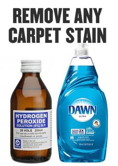 a bottle of water and a bottle of hydrogen solution on a white background with the words remove any carpet stain