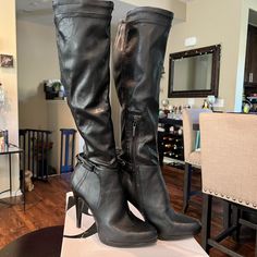 Stylish Knee High Boots Bh Nine West. They Are Light Weight And I Believe Man Made Materials. They Have A Partial Side Zipper Closure And A Back Strap Detail. Perfect Condition And Never Worn. The Heel Measures About 4.5”, The Shaft Is About 17”, And The Opening Is About 17”. Please Feel Free To Ask Me Any Questions. Heel Strap Boots With Round Toe, Synthetic Boots With Buckle Closure And Pointed Toe, Black Knee-high Boots With 4-inch Heel, Black Pointed Toe Boots With Heel Strap, Office Boots With 4-inch Heel And Round Toe, Leather Knee-high Boots With 4-inch Heel, Black High Heel Boots With Heel Loop, Office Boots With 4-inch Heel In Black, Black Office Boots With 4-inch Heel