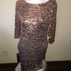 New Women’s Sequin Dress Copper Color Like A New Penny.Sleeves Over The Elbows & Stretch With Slip Underneath. Fitted Midi Dress With 3/4 Sleeves For Night Out, Elegant Mini Dress With 3/4 Sleeves For Party, 3/4 Sleeve Bodycon Dress For Party, 3/4 Sleeve Mini Dress For Evening In Fall, Party 3/4 Sleeve Bodycon Dress, Fitted Party Dress With 3/4 Sleeves, Fitted Dress With 3/4 Sleeve For Party, Fitted 3/4 Sleeve Party Dress, Mini Dress For Evening With 3/4 Sleeves In Fall