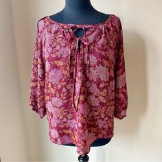 Loft Blouse Floral Bohemian Peasant Top Red Pink Tassel Tie Keyhole Nwt New With Tags. No Flaws Noted. Brand: Loft Women's Size Small Blouse Floral Print Burgundy Red, Pink, Orange Colors V-Neck With Two Neck Ties / Keyholes Three Quarters Length Sleeves With Elastic Hems Torso Is Lined Polyester Machine Wash Cold Measurements Are Approximate With Item Laying Flat: Pit To Pit: 20" Length From Shoulder: 26" Sleeve Length From Shoulder: 15" Loft Anne Taylor Floral Burgundy Red Pink Peacock Tassel Vacation Peasant Top With Tassel Ties, Bohemian Peasant Top With Back Tassel Tie-up For Spring, Bohemian Peasant Top With Tassel Ties For Vacation, Bohemian Peasant Top With Tassel Ties For Beach, Summer Bohemian Peasant Top With Tie Neck, Red Bohemian Peasant Top For Fall, Red Peasant Blouse For The Beach, Bohemian Peasant Top With Tassel Ties, Bohemian Red Peasant Top For Fall