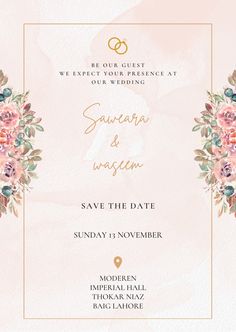 a wedding card with flowers on the front and bottom, in gold foil lettering that reads save the date