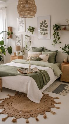 a bed room with a neatly made bed and lots of plants