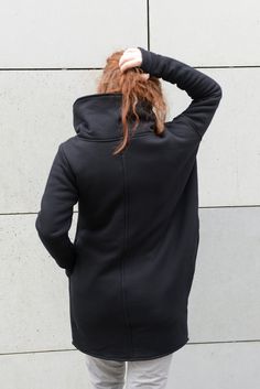 "Cowl Neck Hoodie, Plus Size Hooded Sweatshirt, Black Hooded Coat Express Shipping to the USA, UPS Courier for free Delivery 3-5 Business Days About this product... Zip up sweatshirt hoodie. An asymmetrical sweatshirt with capacious and comfortable pocket and side hidden pocket. Long sleeve sweatshirt with thumb holes which make it warm and comfortable. Very Good quality, soft fabric which stretches slightly to fit your body and is therefore very comfortable to wear. Sweatshirt made of: 90% cott Modern Long Sleeve Hoodie With Ribbed Cuffs, Modern Winter Outerwear With Funnel Neck, Modern Funnel Neck Winter Outerwear, Modern Hoodie With Double-lined Hood And Long Sleeves, Modern Long Sleeve Hoodie With Double-lined Hood, Fall Techwear Sweatshirt With Double-lined Hood, Oversized Long Sleeve Modern Hoodie, Oversized Modern Long Sleeve Hoodie, Modern Oversized Long Sleeve Hoodie