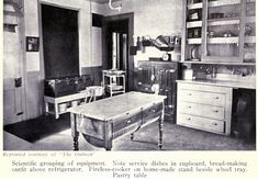 an old fashioned kitchen is shown in this black and white photo from the early 1900's