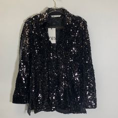 Nwt Zara Sequin Blouse Black Size Xs Tags Tunic Blouse Shiny Party Elegant Chic Blogger's Favorite V-neck Sequin Blouse For Night Out, Sequin Long Sleeve Blouse For Date Night, Long Sleeve Sequin Blouse For Date Night, Winter Sequins Blouse, Spring V-neck Party Shirt, Chic Long Sleeve Shirt For Party, Fall Sequin Shirt For Night Out, Sequin Shirt For Fall Night Out, Fall Night Out Sequin Shirt