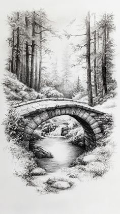 a pencil drawing of a bridge over a stream in the woods with snow on the ground