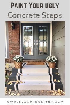 Painted stairs Painted Doorstep Ideas, Upgrade Concrete Steps, Painting Cement Steps Front Porch, Front Steps Makeover Concrete, Painted Sidewalk Concrete, Cement Entryway Front Porches, Paint Front Steps, Paint Front Steps Concrete, Cement Steps Makeover