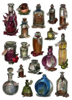 an image of various bottles and jars with labels on the bottom one is full of different things