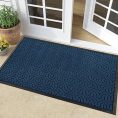 a blue door mat sitting next to a potted plant