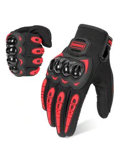 a pair of black and red motorcycle gloves