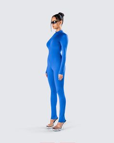 Make them water when they see you in this blue zip-up jumpsuit 💙 Crafted from stretch jersey fabric and complete with a zipper at hem, long sleeves, and fitted design - this sleek and sexy statement piece will have everyone drowning in desire 😏 Stretch Long Sleeve Jumpsuits And Rompers, Stretch Elastane Jumpsuits And Rompers With Long Sleeves, Stretch Elastane Jumpsuit With Long Sleeves, Blue Elastane Jumpsuits And Rompers, Blue High Stretch Elastane Bodysuit, High Stretch Blue Elastane Bodysuit, Fitted Blue Elastane Unitard, Blue Fitted Elastane Unitard, Blue Fitted Full-length Jumpsuits And Rompers