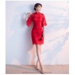 Classic Fashion Short Lace Red Chinese Style Dress Invisible Zipper Back Half Sleeve Retro