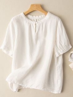 Women's Cotton Linen Shirt Short Sleeve Crew Neck Graceful Linen Blouse Solid Crew Neck Tops For Daywear, Solid Color Short Sleeve Relaxed Fit Blouse, Solid Color Short Sleeve Blouse With Relaxed Fit, Solid Color Relaxed Fit Short Sleeve Blouse, Relaxed Fit Solid Color Short Sleeve Blouse, Short Sleeve Linen Tops For Daywear, Linen Short Sleeve Tops For Daywear, Summer Daywear Shirt With Crew Neck, Summer Crew Neck Shirt For Daywear