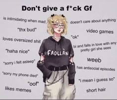 a woman with glasses standing in front of a sign that says don't give a f k gf