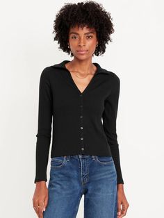 Slim Ribbed Button-Down Top | Old Navy Trendy Button-up Top With Ribbed Collar, Winter Tops With Button Closure And Collared Neckline, Collared Tops With Button Closure For Fall, Fall Collared Tops With Button Closure, Fall Tops With Button Closure And Collared Neckline, Trendy Collared Single-breasted Top, Trendy Single Breasted Collared Tops, Trendy Single-breasted Collared Tops, Long Sleeve Tops With Snap Buttons