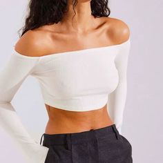 Na-Kd Women’s Top Rib Bare Cropped Off The Shoulder Top Color - Off White Ribbed With Tight Fit Tencel - Guarantees A Soft Feel That Is Sustainable Materials Size Xsmall Nwt Trendy White Off-shoulder Crop Top, White Off-shoulder Crop Top For Night Out, White Stretch Tops For Night Out, White Crop Top For Night Out, White Off-shoulder Crop Top For Day Out, Trendy White Off-shoulder Top, White Trendy Crop Top For Night Out, Trendy White Crop Top For Night Out, White Tops For Night Out In Fall