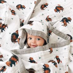 a baby wrapped up in a blanket with foxes on it