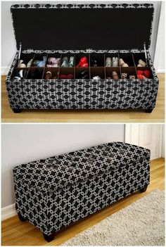 an upholstered storage box with shoes inside and outside the lid is shown in two different views