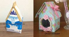 two pictures side by side one has a birdhouse and the other has a cat house