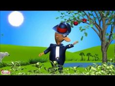 an animated image of a man in a blue suit and red hat standing next to a tree