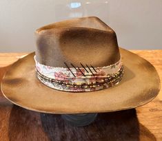 Gorgeous burned, stitched, and  wrapped fedora with feathers. One of a kind. Size 57. Western Fedora With Feathers And Flat Brim, Western Brown Fedora With Feathers, Artisan Fedora For Western-themed Events, Artisan Flat Brim Fedora For Western-themed Events, Western-themed Fedora Hat With Feathers, Eat Your Heart Out, Fedora Hat, Rock Style, Fedora