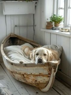 a dog laying in a boat shaped bed on top of a wooden floor next to a window