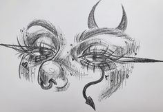 a drawing of a demon's face with long horns