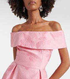 Fitted Off-shoulder Lined Maxi Dress, Feminine Fitted Off-shoulder Evening Dress, Elegant Off-shoulder Lined Dress, Chic Fitted Off-shoulder Gown, Spring Elastane Off-shoulder Dresses, Feminine Fitted Gown For Gala, Fitted Feminine Gown For Gala, Midi-length Gown For Wedding Guest, Off-shoulder Fitted Bodice Maxi Dress