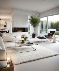 a modern living room with white furniture and large windows overlooking the backyard area is lit by candles