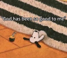 a dog laying on the floor next to a rug with words above it that says, god has been so good to me