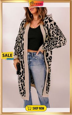 Leopard Pattern Knit Casual Long Cardigan One Size Chic Cardigan For Fall, Chic Non-stretch Cardigan For Winter, Chic Non-stretch Winter Cardigan, Non-stretch Knit Outerwear For Fall, Trendy Non-stretch Cardigan For Fall, Trendy Fall Cardigan, One Size V-neck Cardigan For Fall, Non-stretch Fall Cardigan For Layering, Chic Knitted Cardigan For Fall