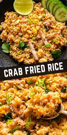 two pictures showing different types of food in a pan with the words crab fried rice