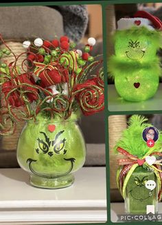 Grinch Party Centerpieces, Grinch Centerpiece Ideas Diy, Grinch Fish Bowl Craft, Grinch Christmas Centerpiece, Grinch Wine Bottle Diy, Grinch Bathroom Decor Ideas, Grinch Mason Jar Ideas, Grinch Crafts To Sell, Grinch Table Centerpiece