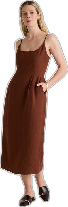 Straight Neckline Linen Midi Dress For Daywear, Daywear Linen Midi Dress With Straight Neckline, Linen Midi Dress With Straight Neckline For Daywear, Casual Linen Dress With Straight Neckline, Elegant Brown Linen Dress For Summer, Elegant Brown Linen Summer Dress, Casual Brown Linen Midi Dress, Fitted Brown Linen Dress, Unlined Knee-length Linen Dress