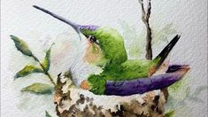 a watercolor painting of a hummingbird perched on a branch